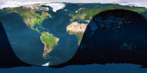 projection of the earth showing midday over the Americas, early morning over Europe, and night over much of Asia.