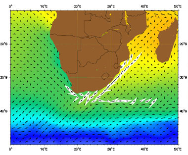 ship derived surface current velocity for agulhas current off the coast of Africa, description follows