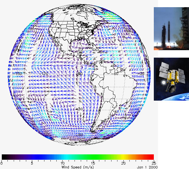 wind speeds displayed over the Earth's surface, a rocket, and a satellite