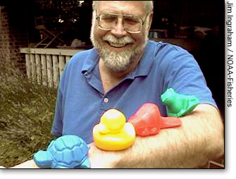 Oceanographer Curt Ebbesmeyer displays well traveled tub toys