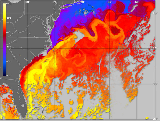 sea surface temperatures off the east coast of the united states, description follows